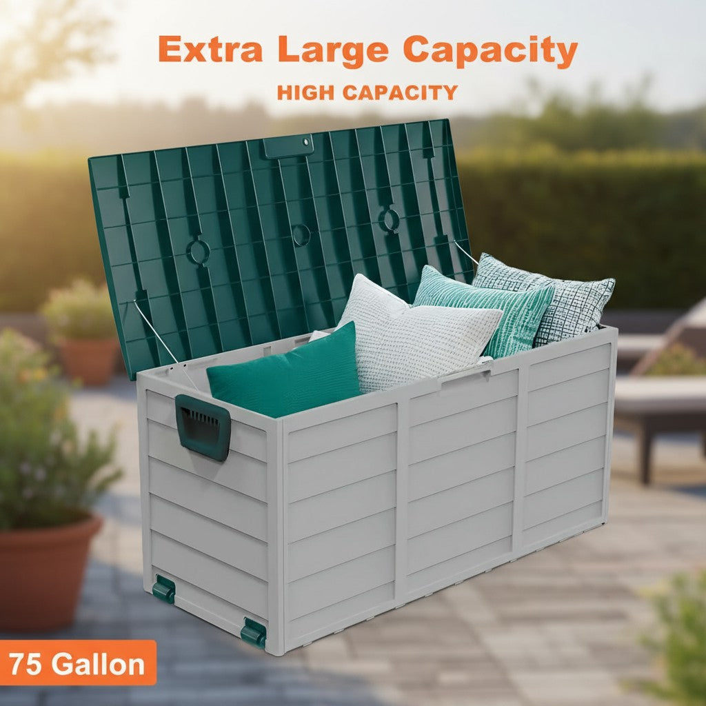 75 Gallon Heavy-Duty Outdoor Deck Box – Waterproof Patio Storage Box with Hinged Lid, Lockable & Easy Assembly