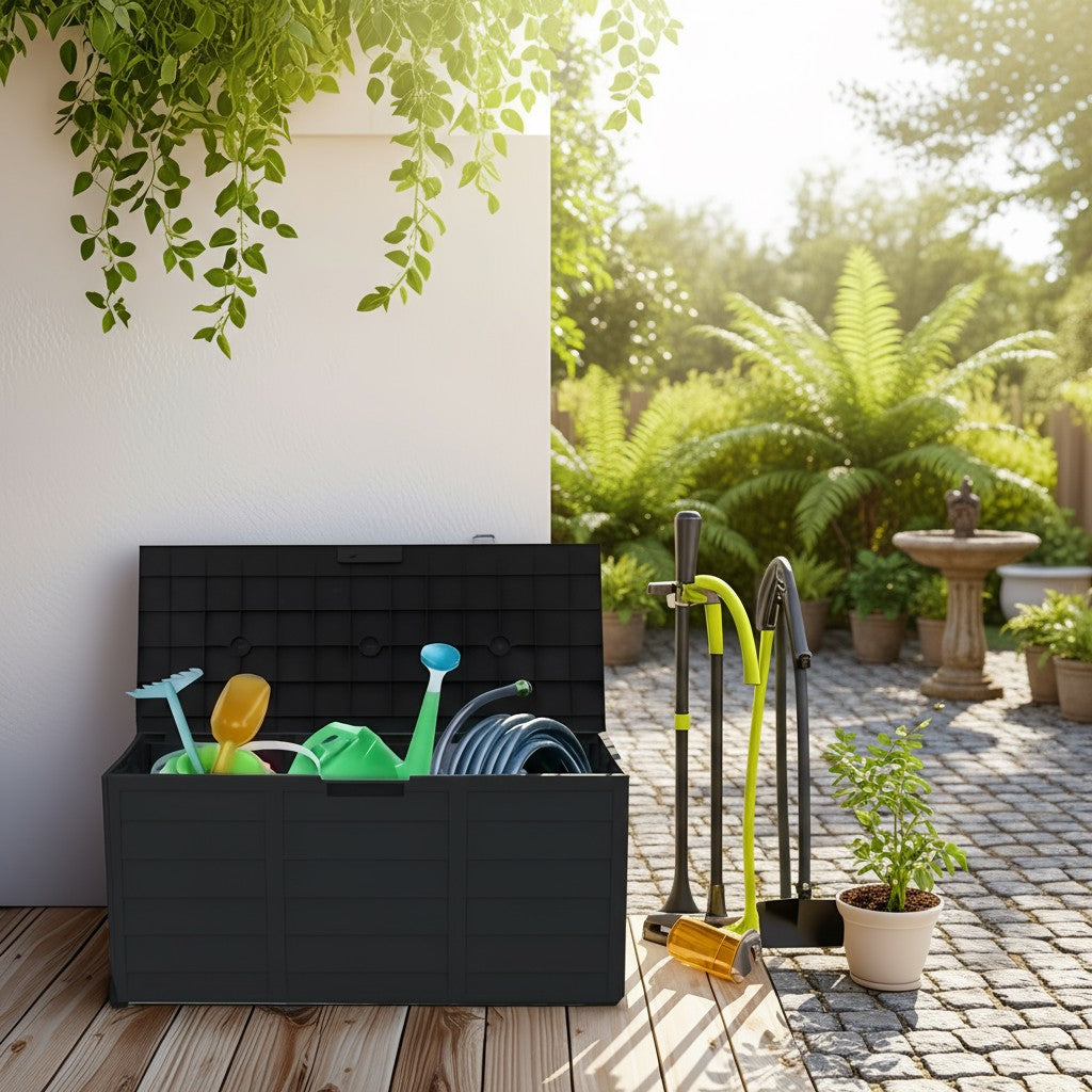 75 Gallon Heavy-Duty Outdoor Deck Box – Waterproof Patio Storage Box with Hinged Lid, Lockable & Easy Assembly