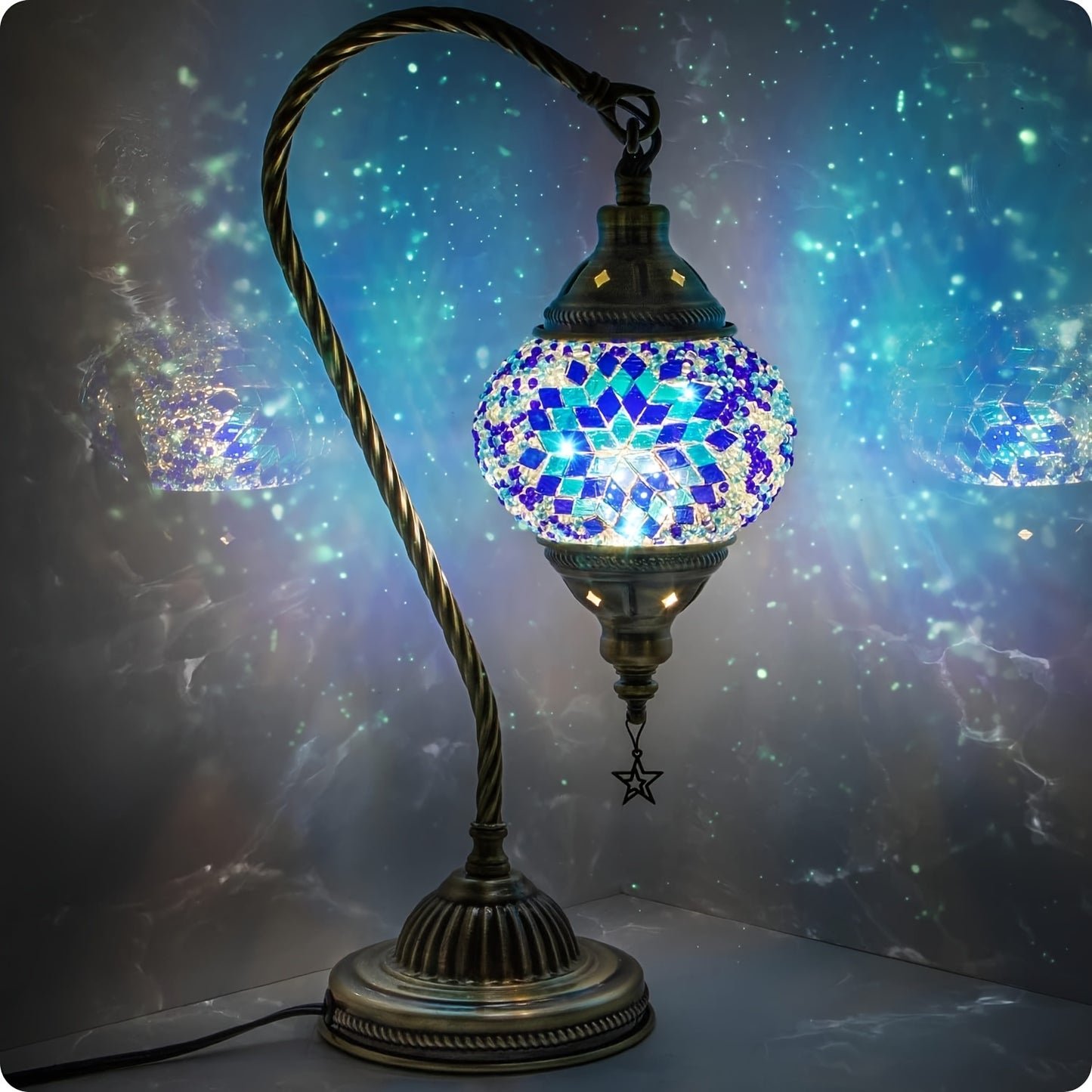 Handmade Turkish Moroccan Mosaic Glass Bedside Lamp with Bronze Finish