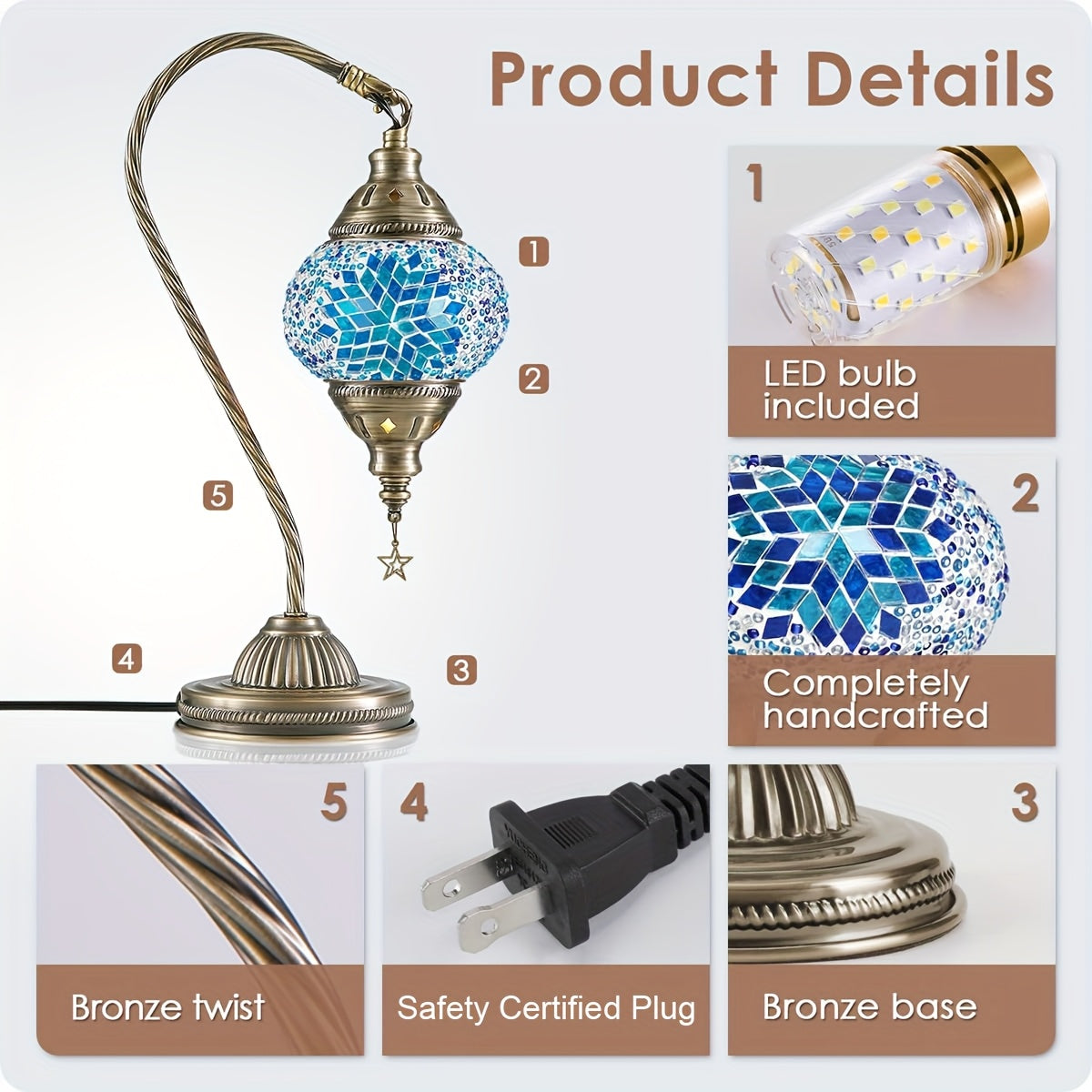 Handmade Turkish Moroccan Mosaic Glass Bedside Lamp with Bronze Finish