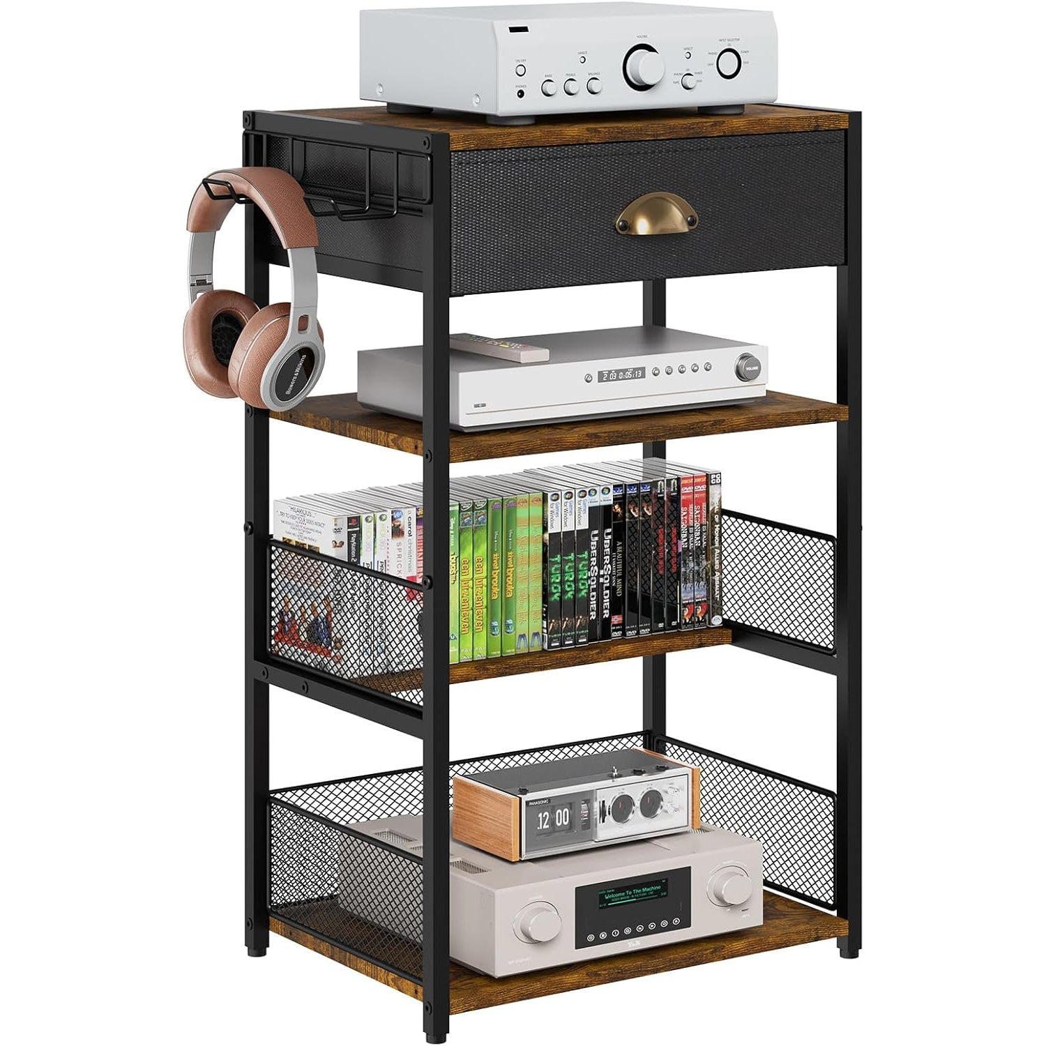 4-Tier Media Storage Tower with Drawer, Console Stand for PS5/Xbox/Switch