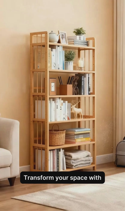 Tall Bamboo Bookshelf – Adjustable Shelves, Narrow Freestanding Storage Rack